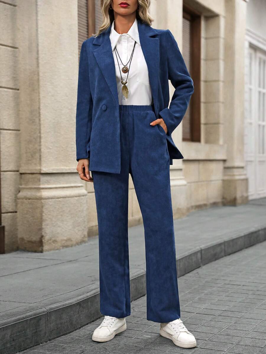 EMERY ROSE 2 件套女士西装外套和裤子套装，纯色翻领长袖春秋装 - 藍色 - 查看 1