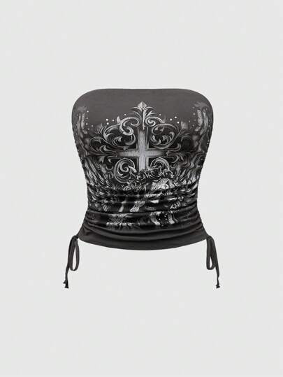 Fairycore Women Strapless Rose & Rhinestone Skull Print Ruched Blouse