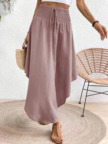 Breezaya Random Print Solid Color Asymmetric Hem Skirt