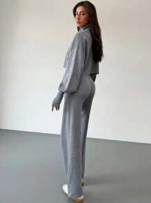 Aloruh 2 件套：女式极简主义高领蝙蝠袖毛衣 + 高腰全长羊毛裤 - 深灰色 - 查看 2