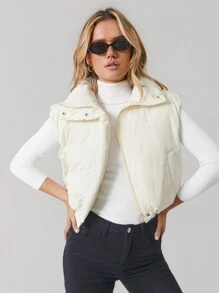 SHEIN EZwear Khaki Woven Sleeveless Ladies' Winter Jacket - Khaki - View 9