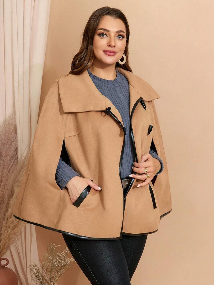 EMERY ROSE 大码女式优雅羊毛牛角扣斗篷大衣，秋冬 - 卡其色 - 查看 6