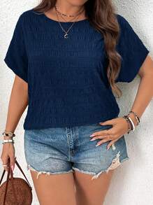 SHEIN VCAY Plus Size Textured Bat Wing Short Sleeve Round Neck Shirt