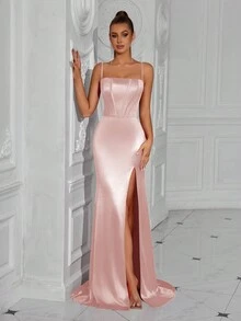ADYCE Spaghetti Strap Fish Bone Detail Front Slit Open Back Tie Ballroom Party Evening Dress - Pink - View 6
