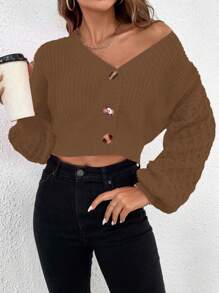 Chiquease 纯色短款开衫，棕色女款开衫 - 咖啡棕 - 查看 3