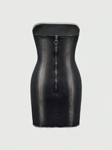 ROMWE Grunge Punk Vestido de mezclilla de estilo callejero sin mangas ajustado para mujer - Negro - Ver 2