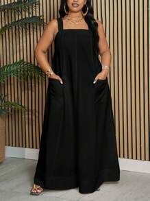 Slaydiva Plus Size Vacation, Elegant & Casual Loose Solid White Sleeveless Pocketed A-Line Dress For Women, Spring And Summer ,Black Dress - Black - View 3