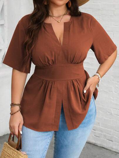 Vionelle Plus Size Women's Summer Plain V-Neck Ruffle Hem Casual Blouse
