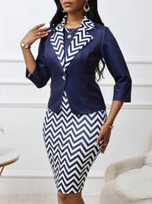 SHEIN Clasi 2pcs Women's Elegant Geometric Contrast Print Lapel Blazer And Skirt Set
