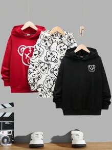 SHEIN 3pcs/Set Kids Tween Boy Casual Bear Print Hooded Long Sleeve Knitted Sweatshirts Set, Suitable For Daily Casual, Travel, Sports, Good For Spring, Summer, Autumn And Winter Seasons - Red - View 1