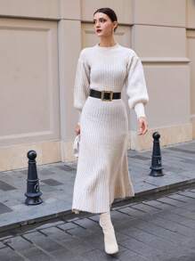 EURMUSE Women Baloon Sleeve And A-Lline Hem Detailed Maxi Sweater Dress - Beige - View 3