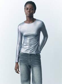 Maija Damska koszulka w jednolitym kolorze, minimalistyczna, do noszenia na co dzień, z okrągłym dekoltem i długim rękawem, jesienne stylizacje