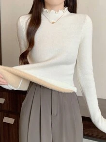 DAZY 女士纯色圆领长袖加厚保暖内衬毛衣，秋冬，长袖上衣，秋季女装