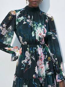 Maija Vestido floral elegante de manga larga y corta para mujer