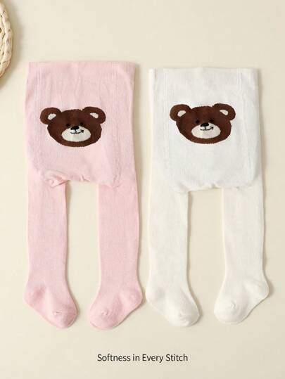 Cozy Pixies 2pcs White And Pink Baby Girls Cartoon Bear Pattern Tights, Suitable For All Seasons