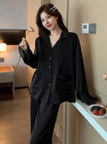 DAZY Conjunto de pijama de manga larga con adorno de volantes, borde ondulado y parches de satén para mujeres en primavera y otoño