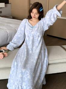 DAZY Women's Winter Heart Print Flannel Ruffled Nightgown Pajama,Thermal Lined - Blue - View 7