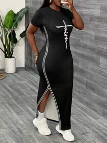 Slaydiva Black Casual Split Hem Dress For Women - Black and White - View 1