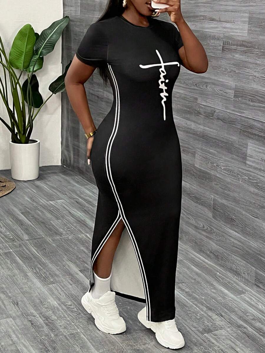 Slaydiva Black Casual Split Hem Dress For Women - Black and White - View 1