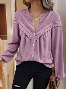 SHEIN LUNE 女士 V 领长袖纽扣时尚宽松舒适衬衫 - 紫色 - 查看 3