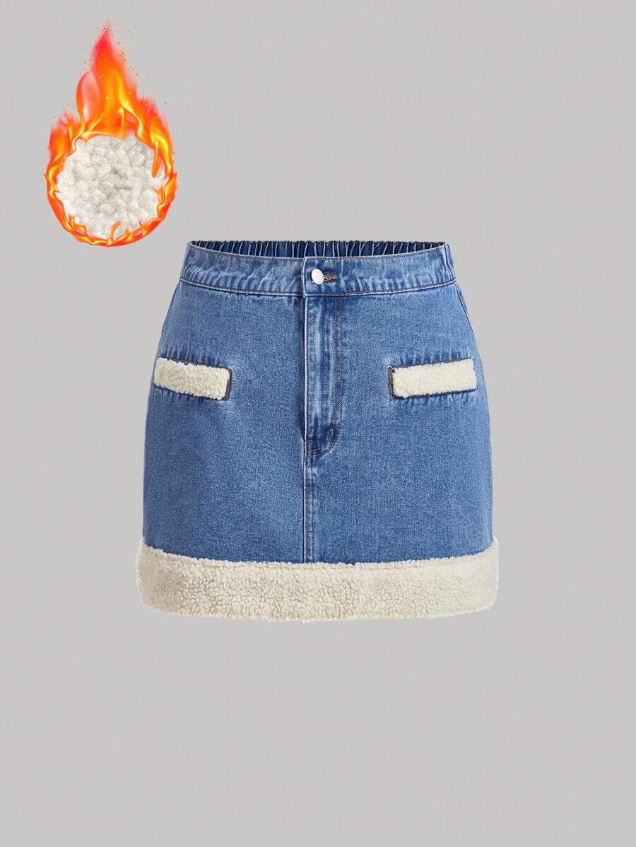 SHEIN MOD Plus Size Fluffy Denim Mini Skirt, Vintage Patchwork Cute Design - Multicolor - View 1