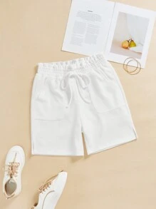 SHEIN Essnce Frill Trim Elastic Waist Pockets Split Hem Casual Pants, Summer - White - View 1