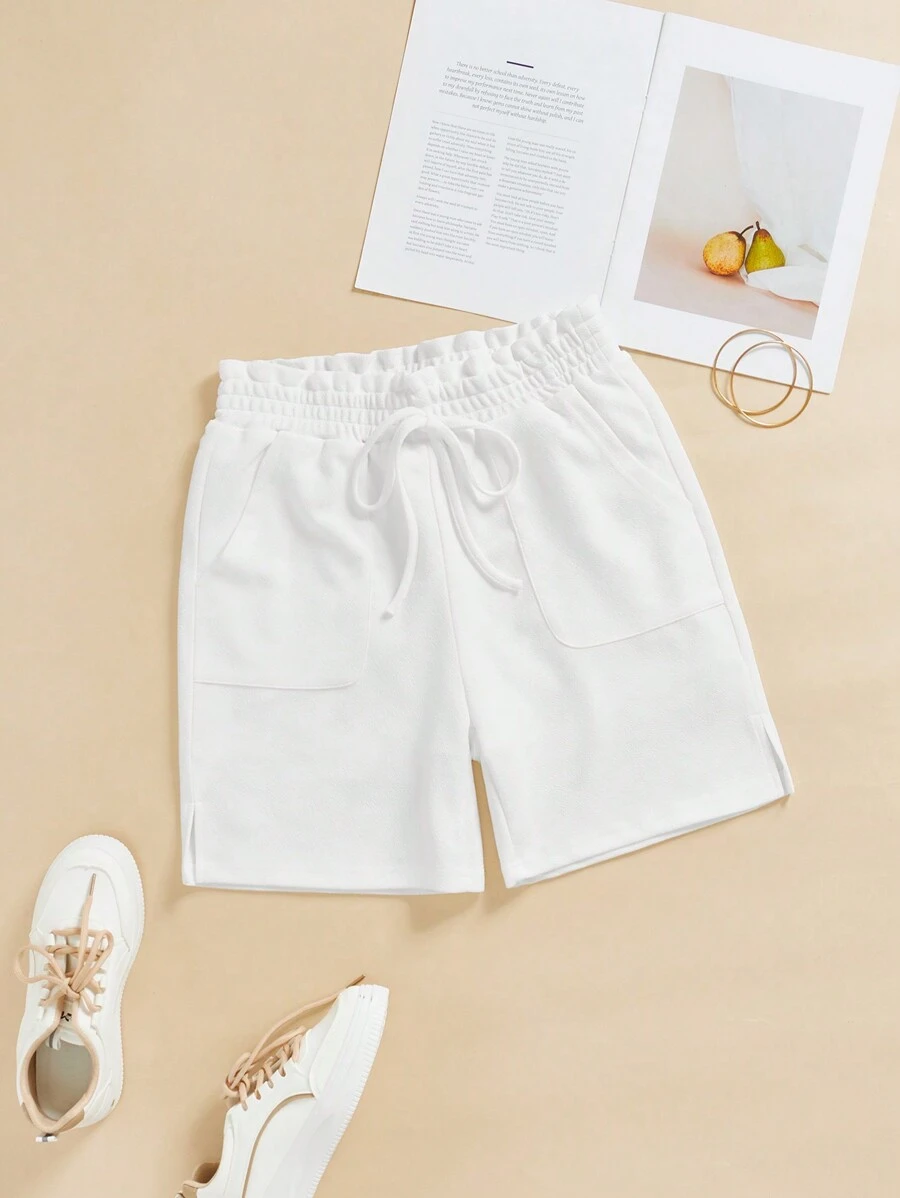 SHEIN Essnce Frill Trim Elastic Waist Pockets Split Hem Casual Pants, Summer - White - View 1