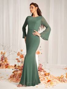 SHEIN Belle 女士优雅豆沙绿韩式网银丝弹力面料圆领长袖喇叭袖美人鱼款镂空后背中心系带褶皱设计适合婚礼伴娘礼服 - 墨綠色 - 查看 6