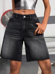 SHEIN EZwear Women's Pocket Design Frayed Hem Wide Leg Bermuda Denim Shorts - Black - View 1