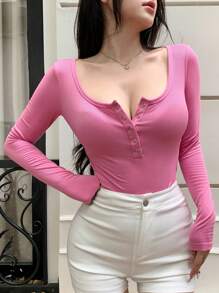 DAZY Áo thun tay dài cài nút phía trước màu trơn dành cho nữ - Hồng - Xem 5