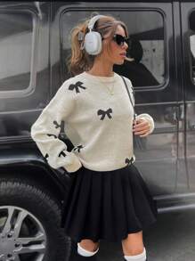 SHEIN Tall Maglione in maglia casual ampio con collo rotondo, maniche a giro e decorazione a fiocco per donna