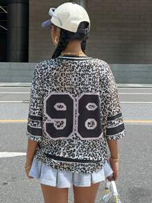 SHEIN EZwear Women's New V-Neck Leopard Print & Letter Oversized Casual T-Shirt