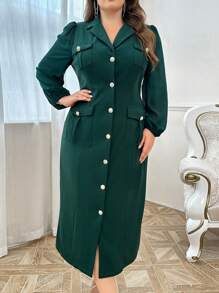 Modelyn Vestido casual plus size com botões na frente e cor sólida, primavera/outono, vestidos para uso casual diário/feriado/festa de casamento/noite - Verde escuro - Ver 4