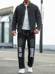 Manfinity Homme Plus Size Men's Solid Color Long Sleeve Jacket And Long Pants Denim Fall Outfits Suit - Black - View 7