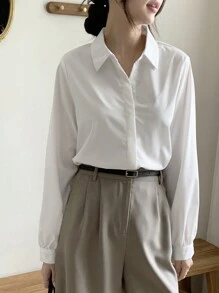 DAZY 纯色隐形纽扣前襟衬衫，女士休闲纽扣长袖领口常规版型常规白色常规袖衬衫女式衬衫，春季/秋季，职业/商务装/工作服，长袖上衣，返校服 - 白色 - 查看 9