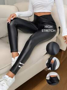 SHEIN Frenchy Solid Patent Bodycon Black PU Leggings Winter Casual - Black - View 1