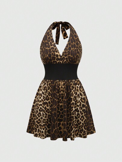 Hippie Ladies Leopard Print Halter Tie Mini Dress