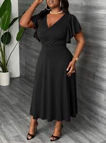 Slaydiva Vestido midi tipo A con fruncidos, cuello cruzado y mangas con volantes para mujer talla grande, elegante y para fiestas y uso diario - C - Negro - Ver 5