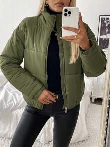 Chiquease 女士纯色简约休闲长袖加厚棉服外套冬季 - 綠色 - 查看 1