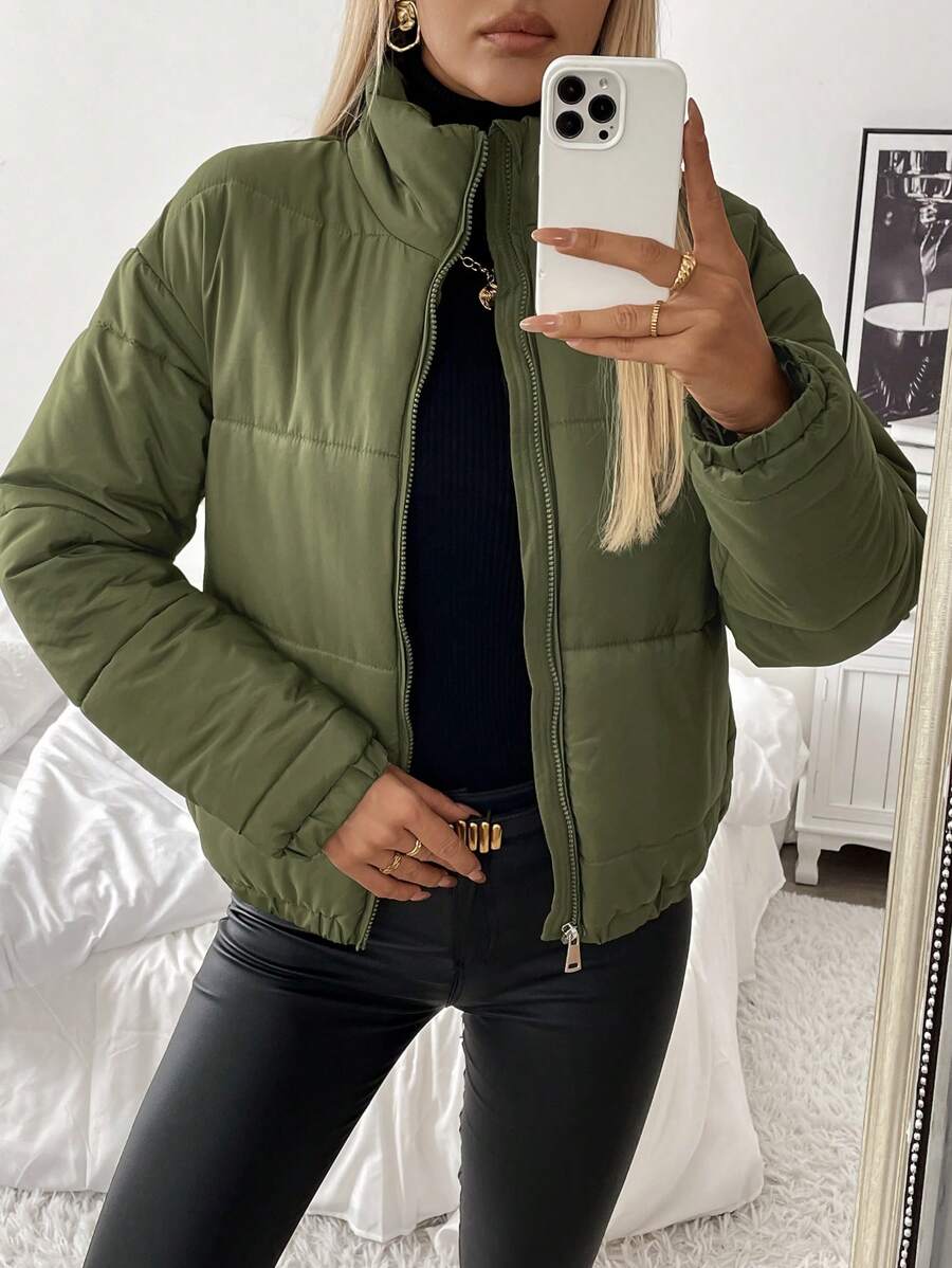 Chiquease 女士纯色简约休闲长袖加厚棉服外套冬季 - 綠色 - 查看 1