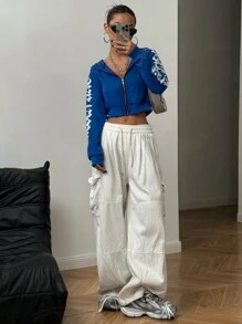 StreetHx 女士哥特风文字短款拉链连帽卫衣，秋冬季，长袖上衣，毕业季，返校季，毕业典礼，教师款，女士返校秋季卫衣 - 藍色 - 查看 4