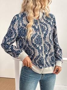 SHEIN LUNE 25+ Áo khoác họa tiết hoa thanh lịch giản dị Colorblock - Màu xanh lam - Xem 3