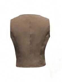 Chiquease Blue Sleeveless Short Vest Jacket - Brown - View 2