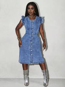 SHEIN Slayr 女式 V 领单排扣休闲牛仔连衣裙，带飘袖，夏季 - 淺色水洗藍 - 查看 3