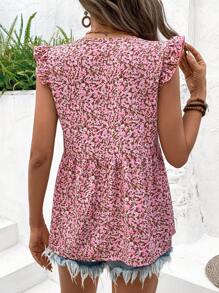 INAWLY 女士节日休闲碎花印花盖袖衬衫 - 粉色 - 查看 2