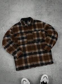 Manfinity Homme Camisa-chaqueta casual a cuadros para hombres, ropa de hombre de otoño e invierno, chaqueta abrigada de invierno