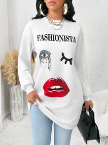 SHEIN Lady Portrait Lips Eyes Pattern 
Long Sleeve Sweatshirt White Hoodie  Women Sweatshirts Spring And Summer Casual Elegant Work