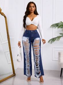 SHEIN SXY 女士纽扣装饰腰带做旧感宽松破洞牛仔裤 - 中等水洗藍 - 查看 3