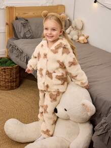 2 件装少女可爱米色毛绒小狗印花连帽长袖上衣和裤子舒适保暖加厚睡衣套装