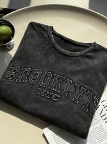 Comfortcana Plus Size Retro Distressed 3D Letter Loose T-Shirt - Dark Grey - View 1